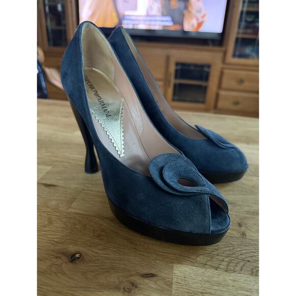 Emporio Armani Navy Blue Unique Heeled Peep Toe Heels Sz. 36.5 - Picture 6 of 8